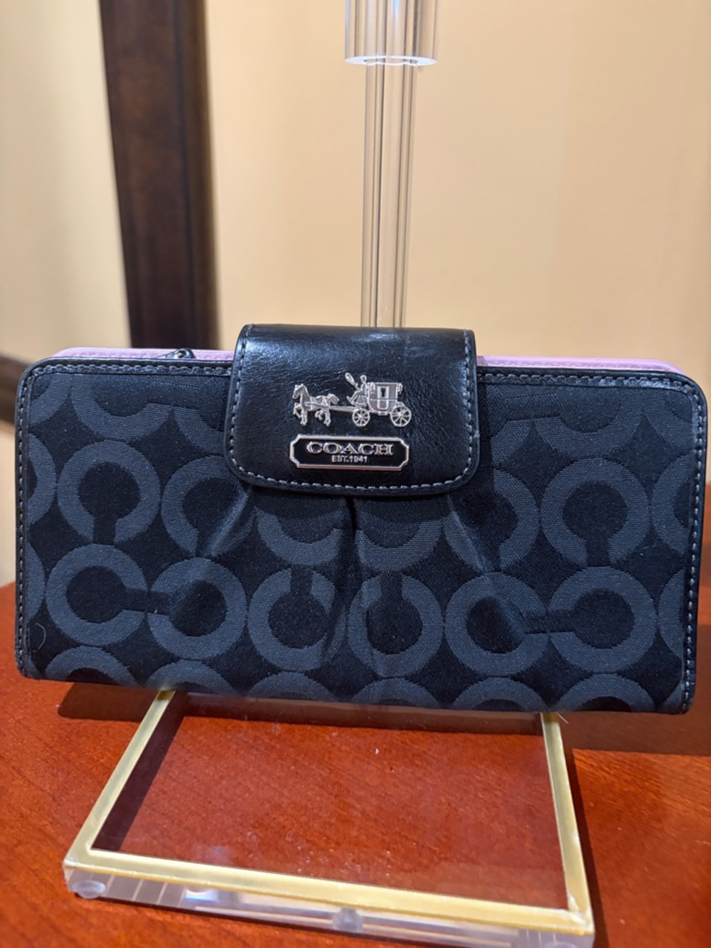 NWOT Coach Black Signature Fold Wallet with Pink Trim